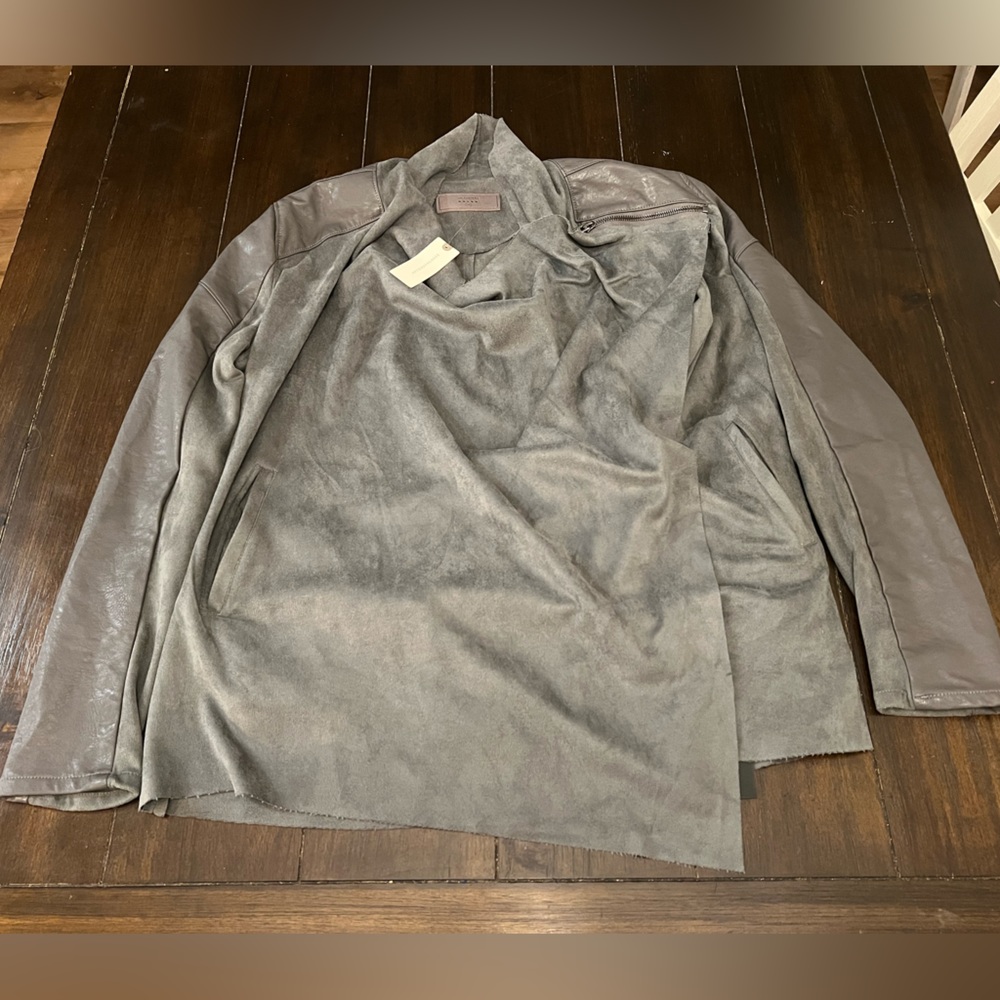 Blanknyc gray drape style lapel faux leather jacket